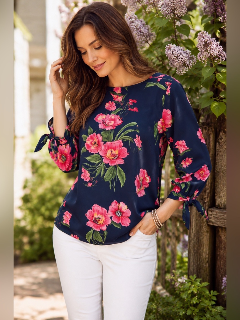 Talbots Floral Tie Sleeve Blouse Romantic Pink Blue Spring Top LP